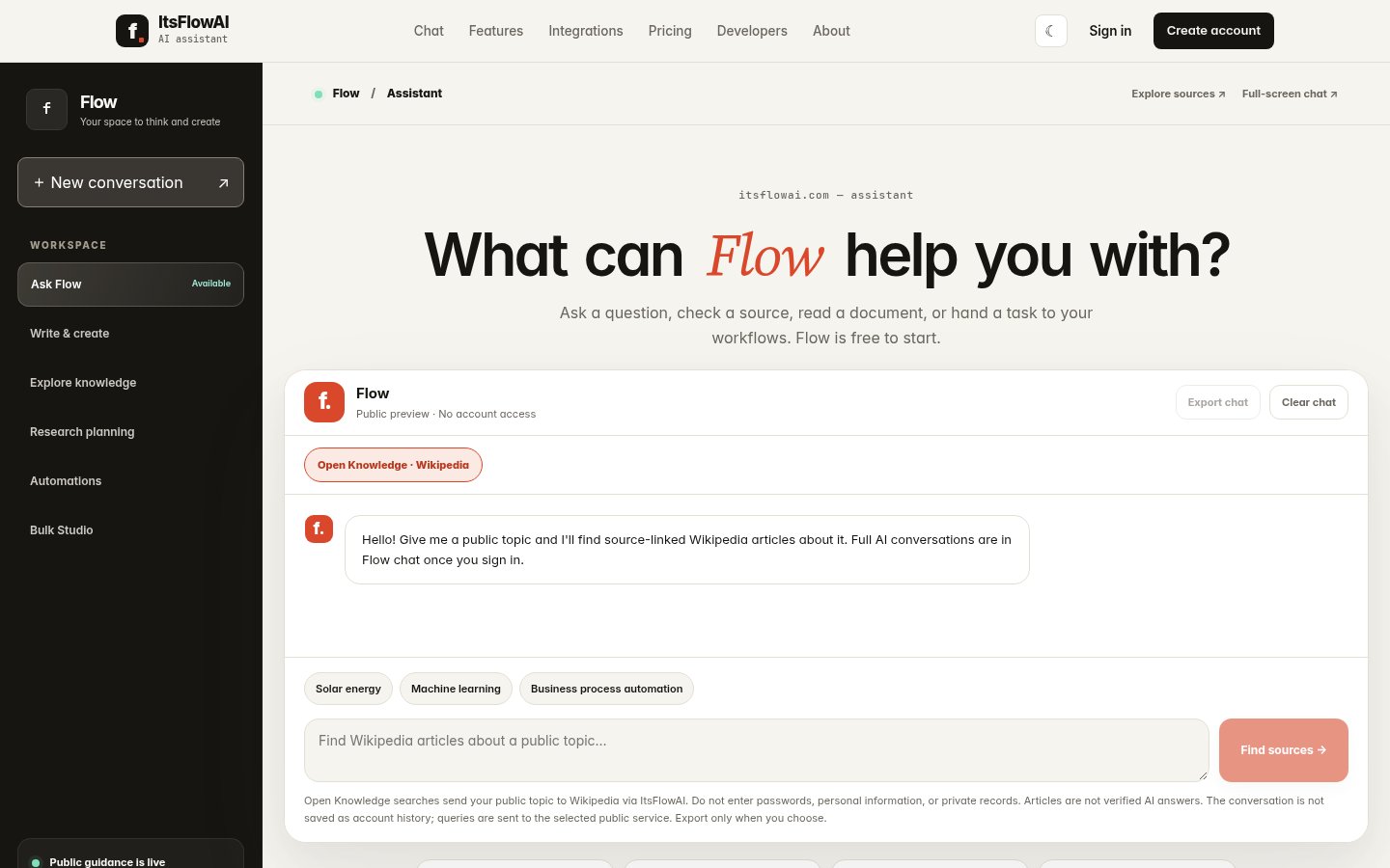 ItsFlowAI assistant workspace with the Flow chat